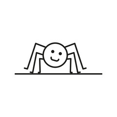 A cute funny spider crawls along a thin web. Outline and line style. Cartoon vector on white background.