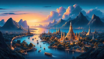 fantasy landscape city with rivers mountains aerial view
