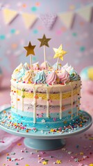 Beautiful pastel rainbow-colored birthday cake with celebration bunting and gold star cake toppers