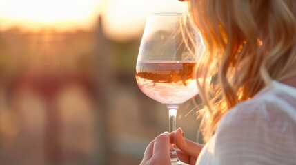 Woman with wine, sunset backdrop, ideal for travel and leisure themes. - obrazy, fototapety, plakaty