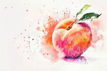 ripe peach with vibrant watercolor splashes on clean white background digital painting