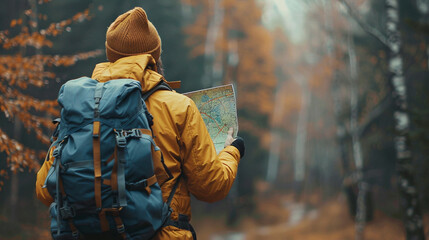 Hiker With Large Backpack Holds A Map In His Hands And Looks For The Way, Perfect For Outdoor Adventure And Navigation Themes