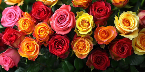 Naklejka premium A bouquet of roses in various colors, reds, pinks, yellows and oranges roses background, colorful roses