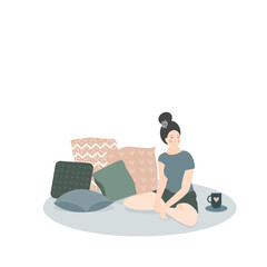 Cozy Home Interior Icon. Comfortable Room Elements with Potted Domestic Plants. Domestic Cat Animal Silhouette. Relax, Safty and Silence in House Atmosphere.	
