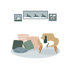 Cozy Home Interior Icon. Comfortable Room Elements with Potted Domestic Plants. Domestic Cat Animal Silhouette. Relax, Safty and Silence in House Atmosphere.	
