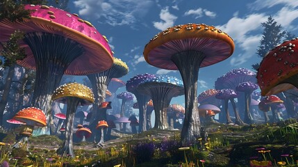 Surreal Mushroom Wonderland in an Enchanting Fantasy Forest Landscape