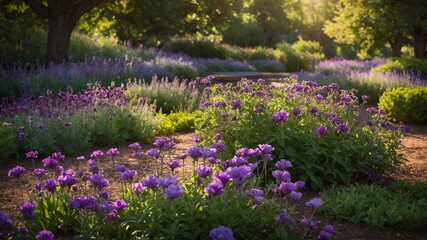 Obraz premium Sunlight filters through trees, casting warm glow on serene garden path. This path surrounded by lush greenery, vibrant purple flowers. Blossoms, in full bloom.