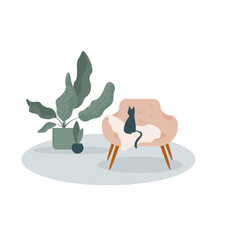 Cozy Home Interior Icon. Comfortable Room Elements with Potted Domestic Plants. Domestic Cat Animal Silhouette. Relax, Safty and Silence in House Atmosphere.	
