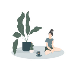 Cozy Home Interior Icon. Comfortable Room Elements with Potted Domestic Plants. Domestic Cat Animal Silhouette. Relax, Safty and Silence in House Atmosphere.	
