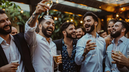 Group Of Men Celebrating A Bachelor Party, Ideal For Advertising Events, Nightlife, And Male Friendship