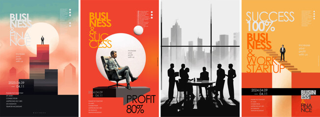 BaFinance, success and business. Vector business people standing and sitting in a chair, approaching the office, stairs symbolizing the way to success for a poster or cover.	
sic RGB