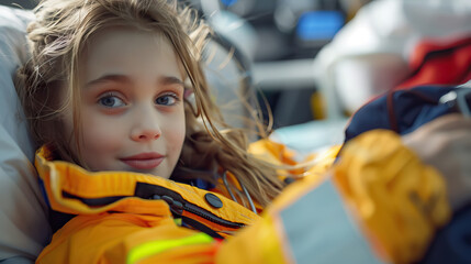 close up smilling little girl wearing EMS uniform. - obrazy, fototapety, plakaty