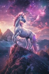 The stunning unicorn with a colorful coat looks out over the magnificent scenery from its perch on the mountaintop, a magical and captivating sight. Generated by AI.