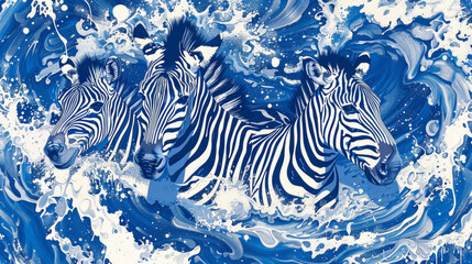 Fototapeta na wymiar A painting of three zebras in the ocean with blue and white colors. The zebras are swimming in the water, and the waves are crashing around them. The painting has a calm and peaceful mood