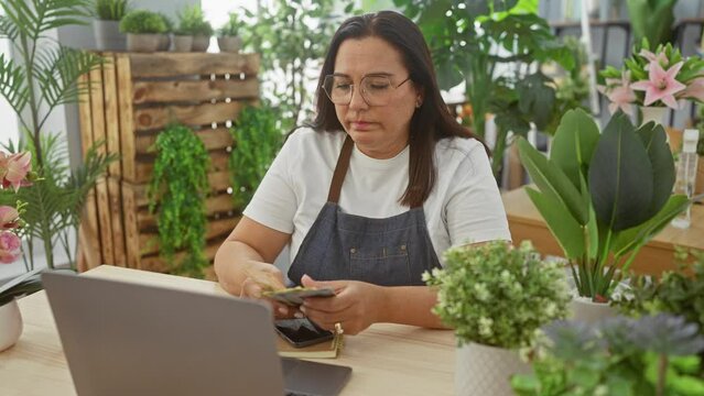 A middle-aged hispanic woman counts romanian leu banknotes at an indoor flower shop with plants in the background.