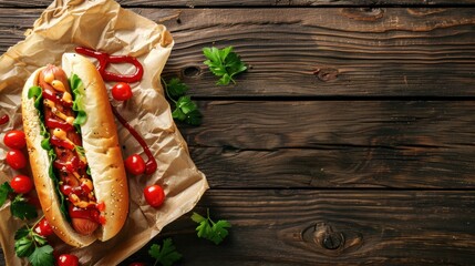 hot dog sandwich sausage, gherkin, ketchup, mayonnaise fast food smeal food snack on the table copy space food background rustic top view