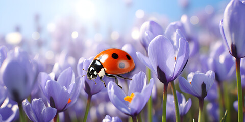 Ladybug on flower macro close-up Closeup nature photography Springtime concept in background 
 - obrazy, fototapety, plakaty