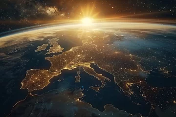 Fototapeten Aerial shot of Europe from space showcasing the Sun, star clusters, nebulae, and galaxies in the background - Image elements provided by NASA © tonstock