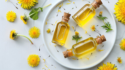 Bottles with cosmetic oil and plate of dandelion flowers - Powered by Adobe