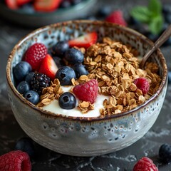 Delicious bowl of granola topped with yogurt and fresh berries.