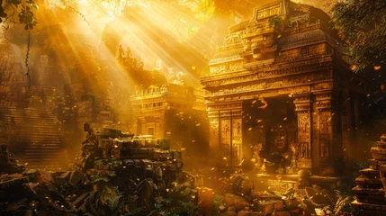 Deurstickers A 3D render of a lost jungle temple reveals golden ruins overgrown with vegetation, illuminated by sunbeams filtering through the dense canopy. © PorchzStudio