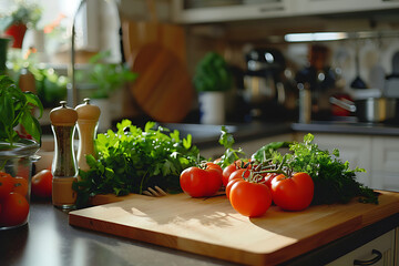 Clean fresh vegetables placed on the kitchen table ready for cooking. Front view of modern kitchen counter with domestic cooking equipment in it