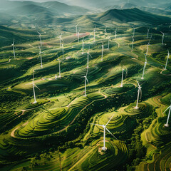 Wind turbines stands on the crest of rolling, hills covered with green grass. Green energy concept
