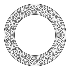Circle frame with Celtic loop border knotwork. Decorative border with a pattern in typical Celtic style. Intertwined lines forming sling knots, seamless connected. Black and white illustration. Vector