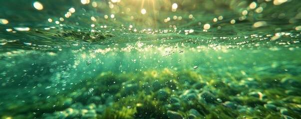 Bubbles and bokeh underwater in clear green ocean