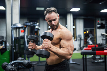 Handsome dark haired man exercising in sports gym. Portrait of bearded bodybuilder with bare torso...