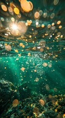 Fototapeta premium Bubbles and bokeh underwater in clear green ocean