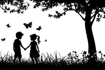 love in a park silhouette of two kids holding hands, butterflies flying around 