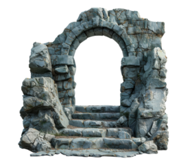 Stone building with steps and arched entrance isolated on white transparent background. Entrance to another lost world. Stone portal teleport. Ancient antique stone ruins