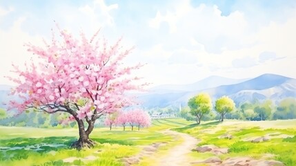A watercolor painting of a cherry blossom tree in a field with a mountain range in the background.
