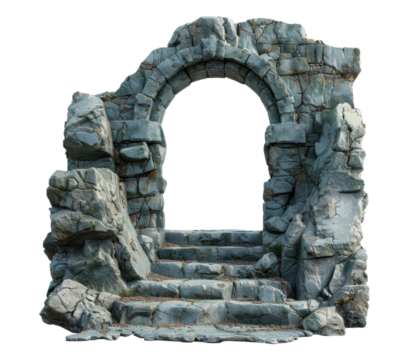 Stone building with steps and arched entrance isolated on white transparent background. Entrance to another lost world. Stone portal teleport. Ancient antique stone ruins