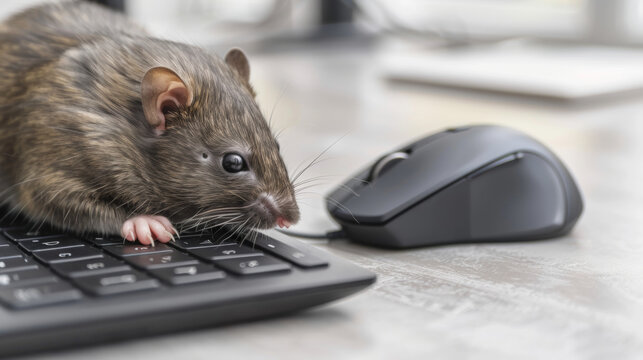 A mouse is sitting on a keyboard and looking at a computer mouse. The scene is playful and lighthearted, as the mouse is not using the keyboard but rather just sitting on it