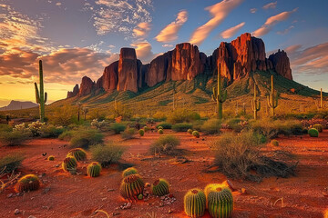 The Superstition Mountains in Arizona at sunset with cacti and red dirt. Generative Ai Image.