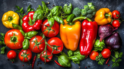 A colorful assortment of vegetables including tomatoes, peppers, and broccoli. Concept of freshness and abundance, showcasing the variety of healthy foods available