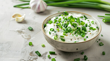 Bowl of tasty sour cream with green onion on light background - obrazy, fototapety, plakaty