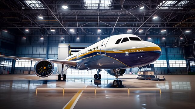 Roll-out of the aircraft from the hangar by a tractor, after repair. airplane in a garage, airplane parking in a hangar, parking at the airport. new plane without people