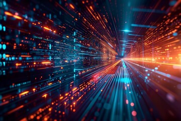 High-speed global data transfer, ultra-fast broadband connections, computer coding, and cybersecurity threats are all key components of today's digital landscape. - obrazy, fototapety, plakaty