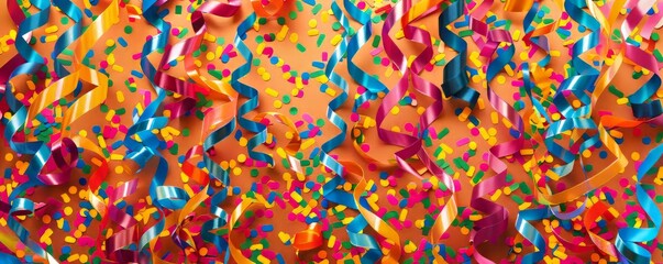 Celebrate with a blast of colorful paper ribbons and confetti, creating a vibrant party background.