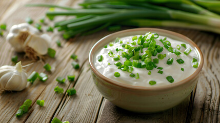 Bowl of tasty sour cream with green onion on table 