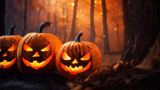 
Halloween pumpkins with burning eyes on the background of a magical forest
