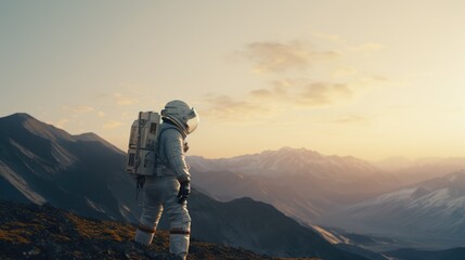 Astronaut exploring an exoplanet. Sci-fi colonist in spacesuit walks on the surface of another planet. People in space. The concept of galactic travel and science.