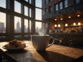 cup of coffee, surrounded by an array of delectable snacks. - obrazy, fototapety, plakaty
