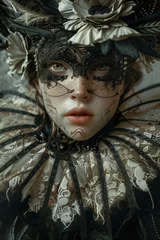 Deurstickers Beautiful young woman from venice festival wearing mask and masquarade clothes close-up photo for youth and healthy skin care concept © NickArt