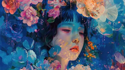 Deurstickers Beautiful pensive asian girl among colorful blue red and yellow flowers illustration © NickArt