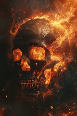 Illustration of a fiery skull on a graphic background with a grunge texture, creating a striking piece of art.