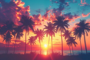 Obraz premium The silhouette of coconut palm trees on the beach during sunrise. Vintage filter applied for a nostalgic effect. Created using AI technology.